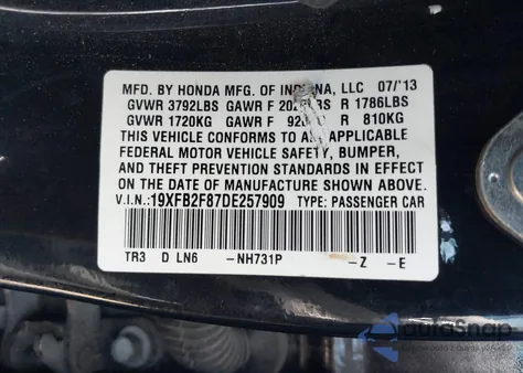 2013 Honda Civic Ex из США, поврежденный, VIN 19XFB2F87DE257909